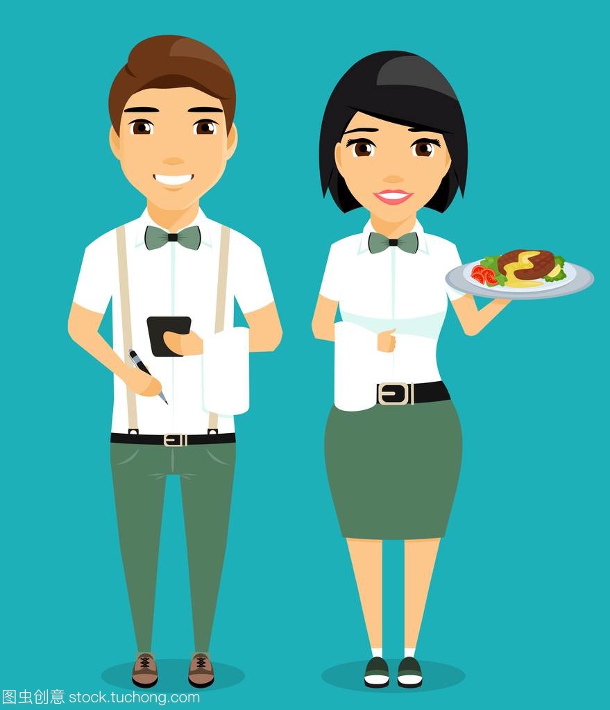 這家伙,女服務(wù)員。藍色背景的卡通風(fēng)格上孤立